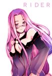  areolae artist_request breasts english fate/stay_night fate_(series) glasses long_hair medium_breasts nipples purple_eyes purple_hair rider solo 