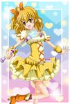  :d bad_id bad_pixiv_id boots bow brown_eyes brown_hair cure_pine dress earrings fresh_precure! hair_ribbon happy heart jewelry magical_girl nuridoa3 open_mouth precure ribbon short_hair side_ponytail smile solo wand wrist_cuffs yamabuki_inori 