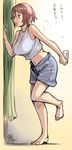  alcohol barefoot beer blush breasts brown_eyes brown_hair can casual crop_top large_breasts midriff older rozen_maiden short_hair shorts solo souseiseki tank_top towel towel_on_head translated tsuda_nanafushi 