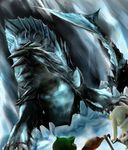  boned_meat claws felyne food glacial_agnaktor helmet ice lagombi_(armor) meat monster monster_hunter monster_hunter_portable_3rd no_humans red_eyes sharp_teeth spikes tail teeth 