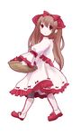  apple basket black_legwear blush boots bow brown_eyes brown_hair dress food frills fruit full_body hair_ribbon long_hair lymle_lemuri_phi pantyhose ribbon shigushiro sidelocks simple_background solo star_ocean star_ocean_the_last_hope twintails 