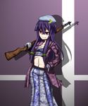  adapted_costume crescent doyouwantto gun hand_on_hip hat long_hair navel patchouli_knowledge purple_eyes purple_hair rifle solo touhou weapon 