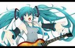  2011_sendai_earthquake_and_tsunami ahoge aqua_eyes aqua_hair armpits breasts detached_sleeves guitar hatsune_miku instrument letterboxed long_hair necktie negiya open_mouth outstretched_arms sideboob small_breasts solo twintails very_long_hair vocaloid 