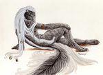  anthro back blue_eyes claws female hair hindpaw jewelry long_hair looking_at_viewer lying mammal nude on_side palelady pawpads paws piercing plain_background pose reclining skunk solo toe_claws white_background white_hair 