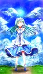  asano_tomoya bad_id bad_pixiv_id bare_shoulders cloud day detached_sleeves green_eyes green_hair highres kochiya_sanae long_hair sky solo touhou wind 