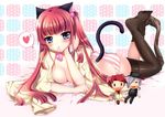  amakusa_juuza animal_ears black_legwear blue_eyes blush breasts cat_ears cat_tail character_doll chin_rest cleavage doll feet heart kemonomimi_mode long_hair lying mafuyu medium_breasts mouth_hold on_stomach open_clothes open_shirt panties red_hair shirt solo spoken_heart striped striped_panties tail thighhighs umineko_no_naku_koro_ni underwear undressing ushiromiya_ange ushiromiya_battler 