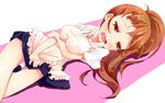  apron blush brown_hair hato_haru long_hair lying on_back open_mouth panties ponytail saliva saliva_trail solo taneshima_popura underwear white_panties working!! 