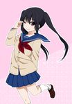  black_hair brown_eyes cardigan highres k-on! long_hair muta_(munimuni) nakano_azusa one_eye_closed school_uniform serafuku solo twintails 