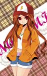  absurdres baseball_cap blush breasts brown_hair casual female frown hand_in_pocket hat highres inazuma_eleven inazuma_eleven_(series) jacket long_hair midriff raimon_natsumi red_eyes shorts solo 