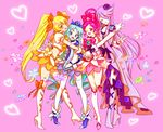  ^_^ ahoge black_choker blonde_hair blue_choker blue_eyes blue_hair blue_skirt boots bow brooch choker closed_eyes cure_blossom cure_marine cure_moonlight cure_sunshine dress earrings flower full_body hair_flower hair_ornament hair_ribbon hairpin hanasaki_tsubomi happy heart heartcatch_precure! high_heels hug jewelry knee_boots kurumi_erika long_hair magical_girl midriff multiple_girls myoudouin_itsuki one_eye_closed orange_bow orange_choker pink_background pink_bow pink_eyes pink_hair pink_skirt ponytail precure purple_dress purple_flower purple_hair purple_rose red_choker ribbon rose rotte_(nuuum) shoes sidelocks skirt thighhighs tsukikage_yuri twintails v white_legwear wrist_cuffs yellow_eyes yellow_skirt zettai_ryouiki 