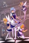  alternate_costume bad_id bad_pixiv_id bangs barefoot blonde_hair blue_eyes blue_hair braid checkered checkered_floor cirno enmaided fairy fairy_maid glomp high_heels hug hug_from_behind ice ice_wings izayoi_sakuya kneeling leaning_forward long_hair maid maid_headdress multiple_girls nosuku pantyhose red_eyes running shoes short_hair silver_hair swept_bangs sword thighhighs touhou twin_braids weapon white_legwear wings 