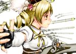  amon_(mulciber) blonde_hair blurry corset depth_of_field drill_hair fingerless_gloves gate_of_babylon gloves gun magical_girl magical_musket mahou_shoujo_madoka_magica profile rifle shirt simple_background solo taut_clothes taut_shirt tomoe_mami weapon white_background yellow_eyes 