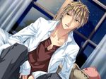  artist_request bangs blonde_hair curtains game_cg glass hair_between_eyes long_sleeves looking_away looking_to_the_side male_focus miyaji_ryunosuke night night_sky open_clothes open_mouth open_shirt pants pillow shadow shirt sitting sky solo star_(sky) starry_sky starry_sky_(game) tree unbuttoned white_shirt window yellow_eyes 