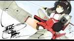  aiming_at_viewer asuka_(busou_shinki) black_hair blue_eyes busou_shinki goggles gun highres japanese_clothes letterboxed mecha_musume momo_(higanbana_and_girl) panties shell_casing short_hair solo sword underwear wallpaper weapon 