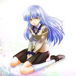  1girl angel_beats! bad_id bad_pixiv_id blazer blue_hair highres jacket long_hair school_uniform sitting solo tachibana_kanade tomoyo_(tmy) wariza yellow_eyes 