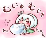  &gt;_&lt; blush chibi closed_eyes dress eating green_dress hair_ribbon konpaku_youmu konpaku_youmu_(ghost) maitora ribbon silver_hair sitting solo touhou translated 