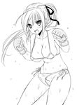  bikini blush breasts bulge cleavage fighting_stance futanari gloves large_breasts long_hair mofuringu monochrome open_mouth penis ponytail ribbon sweat swimsuit 