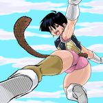  1girl ass black_hair blue_eyes cameltoe dragon_ball dragonball dragonball_z dutch_angle fasha female from_behind from_below happy looking_at_viewer looking_back looking_down lowres md5_mismatch oekaki open_mouth outdoors panties seripa sky smile solo sorashu tail tongue 
