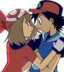  bandana bandanna black_eyes black_hair blue_eyes blush brown_hair cap couple eye_contact fingerless_gloves gloves hand_on_shoulder happy haruka_(pokemon) hat hug incipient_kiss looking_at_another lowres nintendo open_mouth pokemon satoshi_(pokemon) short_hair shy 