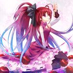  apple apple_core aya003030 between_legs blue_hair food fruit gradient_hair hand_between_legs long_hair mahou_shoujo_madoka_magica multicolored_hair ponytail profile red_eyes red_hair sakura_kyouko sitting solo thighhighs wariza 