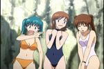  3girls aqua_hair bikini blue_eyes blush breasts brown_hair bun cleavage doi_shizuha double_bun embarrassed eyes_closed green_hair honjo_mikaze long_hair midriff multiple_girls nakamura_ayamo navel open_mouth orange_hair red_eyes scared school_uniform short_hair stratos_4 swimsuit twintails watch 