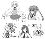  &gt;_&lt; =_= ? animal_ears aono_makishi closed_eyes glasses greyscale hair_ornament hairclip heart light_bulb long_hair lysander_z monochrome multiple_girls nanase_yae necktie niwatazumi_keiko school_uniform skirt smile torikoro twintails very_long_hair yuzaki_tatami 