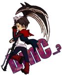  1boy black_hair capcom chibi cigarette dante dante_(dmc:_devil_may_cry) devil_may_cry dmc:_devil_may_cry dual_wield dual_wielding flag glare glaring gun jacket multicolored_hair open_clothes open_jacket red_eyes scythe solo trench_coat trenchcoat two-tone_hair two_toned_hair weapon white_hair 
