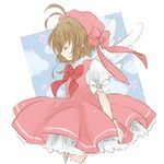  brown_hair cardcaptor_sakura closed_eyes dress hat kinomoto_sakura pikara pink_hat short_hair solo thighhighs wings 