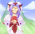  agarte_lindblum animal_ears blue_hair cat_ears closed_eyes cloud crown day dress earrings flower food fruit gown grapes hands_clasped jewelry mio_(rominuato) own_hands_together petals princess puffy_sleeves red_flower red_rose rose short_hair sidelocks sky smile solo tales_of_(series) tales_of_rebirth tiara veil 