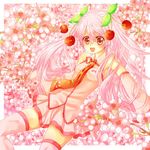  :d bad_id bad_pixiv_id cherry cherry_blossoms detached_sleeves food fruit hatsune_miku long_hair murasaki_daidai_etsuo necktie object_namesake open_mouth pink_hair pink_legwear red_eyes sakura_miku skirt smile solo thighhighs twintails very_long_hair vocaloid 