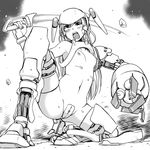  armpits blush breasts copyright_request cyborg energy_sword greyscale helmet maebari matsui_celine mechanical_arm mechanical_legs monochrome robot_ears small_breasts solo squatting sweat sword weapon 