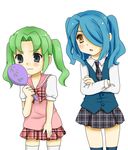  2boys black_eyes blue_hair blue_legwear blue_thighhighs blush brown_eyes crossdress crossdressing crossed_arms frown green_hair hair_over_one_eye inazuma_eleven inazuma_eleven_(series) kazemaru_ichirouta long_hair midorikawa_ryuuji mirror multiple_boys necktie open_mouth skirt thighhighs trap twintails vest white_legwear white_thighhighs 