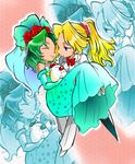  2girls 330marimo blonde_hair blue_eyes bow bow_tie bowtie bride carrying celes_chere dress dress_shirt elbow_gloves eyes_closed female final_fantasy final_fantasy_vi flower formal gloves green_hair hair_ornament long_hair marimo_(yousei_ranbu) marriage moogle multiple_girls pants ponytail red_ribbon ribbon shirt suit tina_branford wedding wedding_dress yuri 