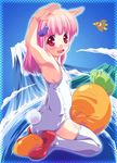  arms_up bird bunny_tail carrot eggplant emina hair_ornament hairclip highres looking_back mountain one-piece_swimsuit original pink_hair red_eyes school_swimsuit short_hair solo swimsuit tail thighhighs volcano white_school_swimsuit white_swimsuit 