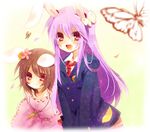  :3 animal_ears bad_id bad_pixiv_id blazer border brown_hair bug bunny_ears butterfly carrot crescent fading_border flower hair_flower hair_ornament inaba_tewi insect jacket jewelry leaning_forward long_hair multiple_girls nochita_shin open_mouth pendant purple_hair red_eyes reisen_udongein_inaba short_hair smile touhou 
