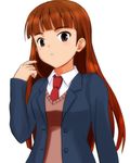  alternate_hairstyle bangs blunt_bangs brown_eyes brown_hair idolmaster idolmaster_(classic) long_hair minase_iori minato_kazumi school_uniform solo sweater_vest 