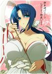  2011 animal_ears blue_eyes blue_hair breasts bunny_ears cleavage dougan_calpis_con huge_breasts japanese_clothes miko minato_subaru solo soukou_akki_muramasa 