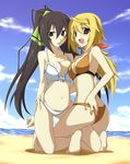  adjusting_clothes adjusting_swimsuit ass barefoot beach bikini black_eyes black_hair blonde_hair blush breasts charlotte_dunois cleavage front-tie_top haoto_luna high_ponytail infinite_stratos kneeling long_hair looking_at_viewer looking_back medium_breasts multiple_girls navel open_mouth ponytail purple_eyes shinonono_houki sideboob smile split_ponytail swimsuit 