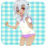  1boy blush buruma crossdress crossdressing dark_skin eyepatch gym_shorts gym_uniform inazuma_eleven inazuma_eleven_(series) long_hair male_focus open_mouth red_eyes sakuma_jirou simple_background solo trap white_hair 