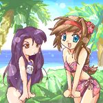  ahoge bare_arms bare_shoulders beach beatrice_(wild_arms) bikini black_hair blue_eyes bow braid brown_eyes brown_hair day frown hair_intakes hairband happy long_hair lowres multiple_girls name_tag oekaki one-piece_swimsuit open_mouth outdoors palm_tree red_hairband sand school_swimsuit sidelocks sky swimsuit tree virginia_maxwell water wild_arms wild_arms_3 zipang_(zip@ng_works) 