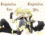  1girl aqua_eyes arm_warmers bad_id bad_pixiv_id blonde_hair bow brother_and_sister detached_sleeves dress hair_ornament hairclip headphones kagamine_len kagamine_rin necktie open_mouth patterned ribbon short_hair siblings sitting smile star text_focus thighhighs twins vocaloid zettai_ryouiki zukeyni 