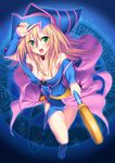 bare_shoulders blonde_hair blush boots breasts cleavage compression_artifacts dark_magician_girl green_eyes hat highres jpeg_artifacts long_hair magic_circle open_mouth smile solo staff suzume_inui yu-gi-oh! 