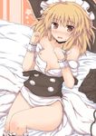  bare_shoulders blonde_hair blush bottomless breasts hat kirisame_marisa lockheart nipples off_shoulder open_clothes open_shirt red_eyes shirt small_breasts solo touhou 