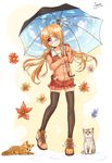  black_legwear cat eyepatch flower long_hair orange_hair original purple_eyes silent_sakia sky_print smile solo thighhighs umbrella 