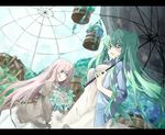  aqua_eyes aqua_hair bouquet breasts casual dress flower hatsune_miku hirasaka_ine long_hair medium_breasts megurine_luka multiple_girls pink_eyes pink_hair twintails umbrella vocaloid 