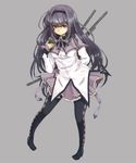  akemi_homura arm_behind_back black_hair boots explosive full_body grenade gun hairband long_hair mahou_shoujo_madoka_magica object_behind_back pantyhose purple_eyes purple_hair rai_(3stone) simple_background solo weapon 