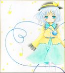  blue_eyes blue_hair bow dress flower hangure_bamboo200x hat highres komeiji_koishi petals shikishi short_hair smile solo third_eye touhou traditional_media watercolor_pencil_(medium) 