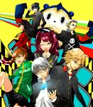  4girls amagi_yukiko bike_shorts black_hair blue_hair brown_hair eiji_(eiji) fan folding_fan glasses grey_hair hanamura_yousuke hat headphones headphones_around_neck jacket jacket_on_shoulders kujikawa_rise kuma_(persona_4) long_hair multiple_boys multiple_girls narukami_yuu one_eye_closed persona persona_4 pink_hair satonaka_chie school_uniform shirogane_naoto short_hair tatsumi_kanji television track_jacket twintails 