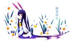  akino_sora animal_ears black_hair blue_hair fan flowers japanese_clothes kimono long_hair original purple_hair red_eyes 