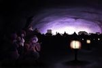  architecture cave city city_lights dark east_asian_architecture former_capital hat highres kaenbyou_rin komeiji_koishi komeiji_satori kurona lantern long_hair multiple_girls reiuji_utsuho short_hair subterranean_animism touhou 